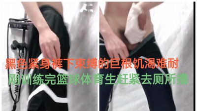 黑色紧身裤下束缚的巨根饥渴难耐，刚训练完篮球体育生赶紧去厕所撸
